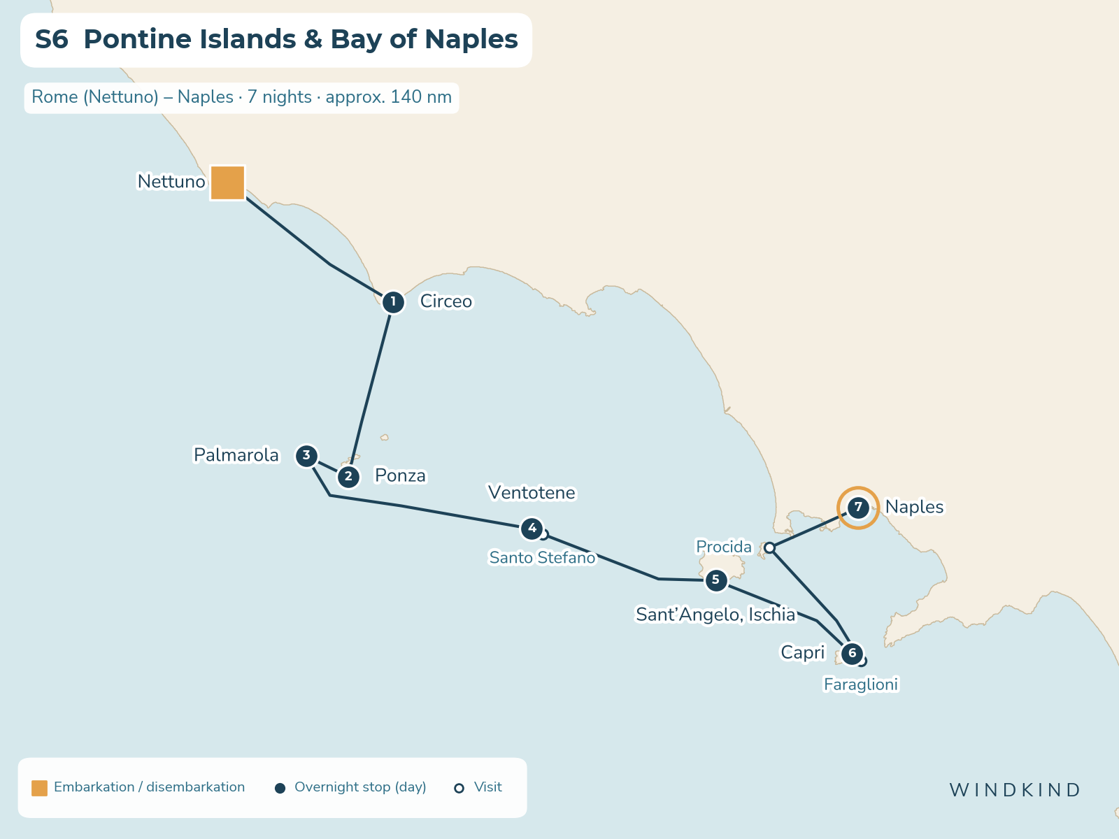 Route map S6: Pontine Islands & Bay of Naples