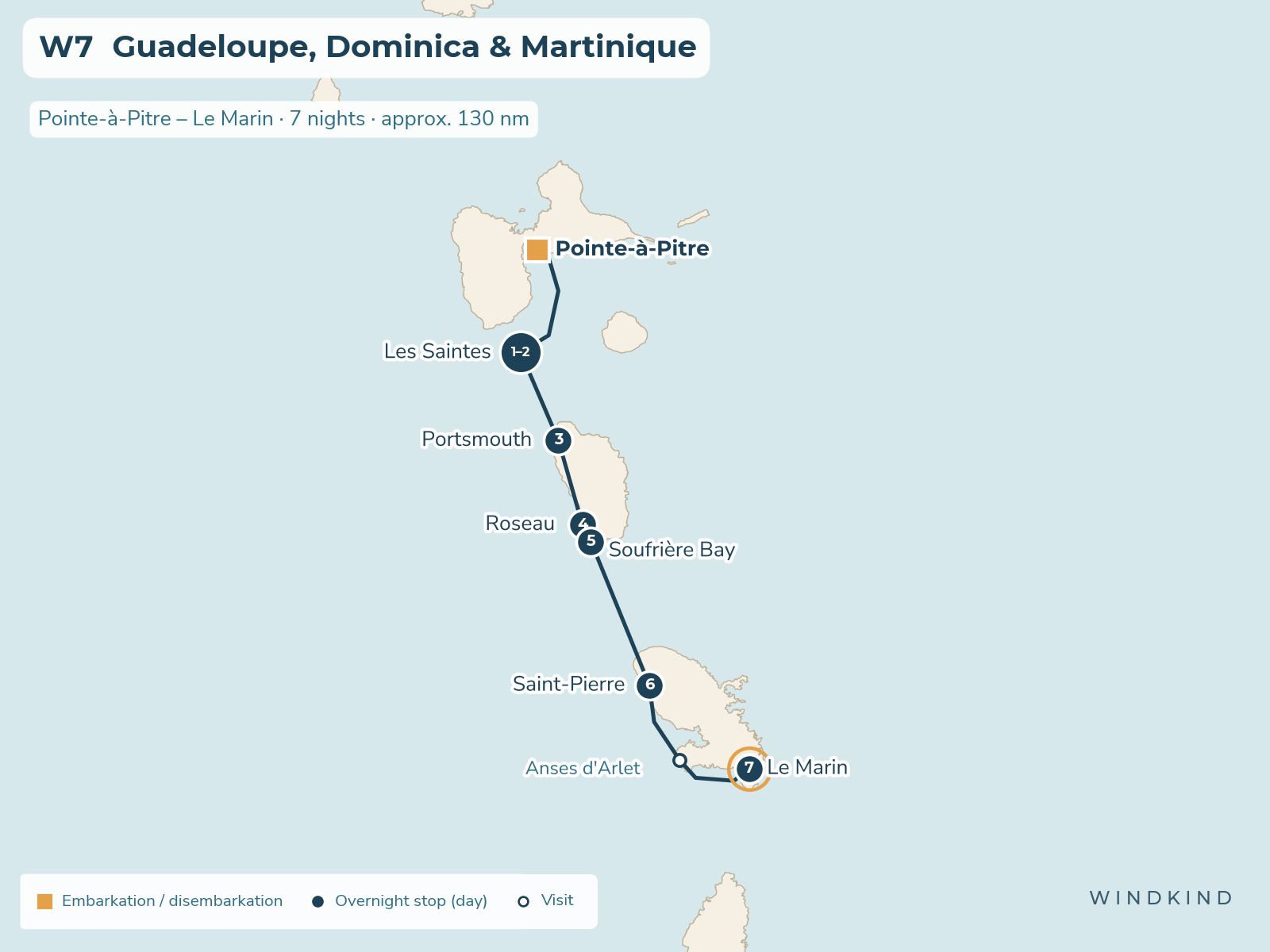 Route map W7: Guadeloupe, Dominica & Martinique