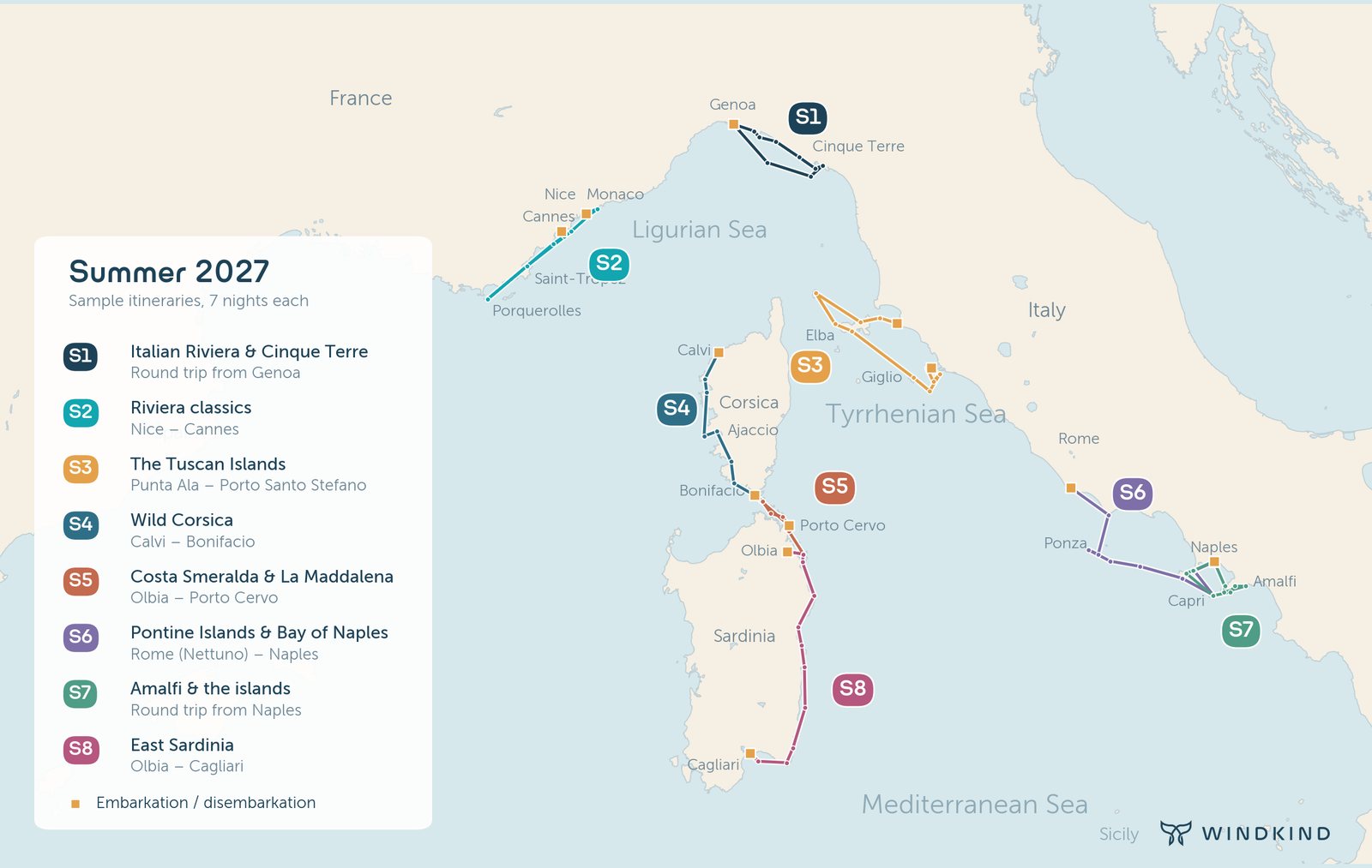 Overview map of the Western Mediterranean with the eight summer sample itineraries S1 to S8: Italian Riviera, Côte d’Azur, Tuscan islands, Corsica, Sardinia, the Pontine Islands and the Amalfi Coast