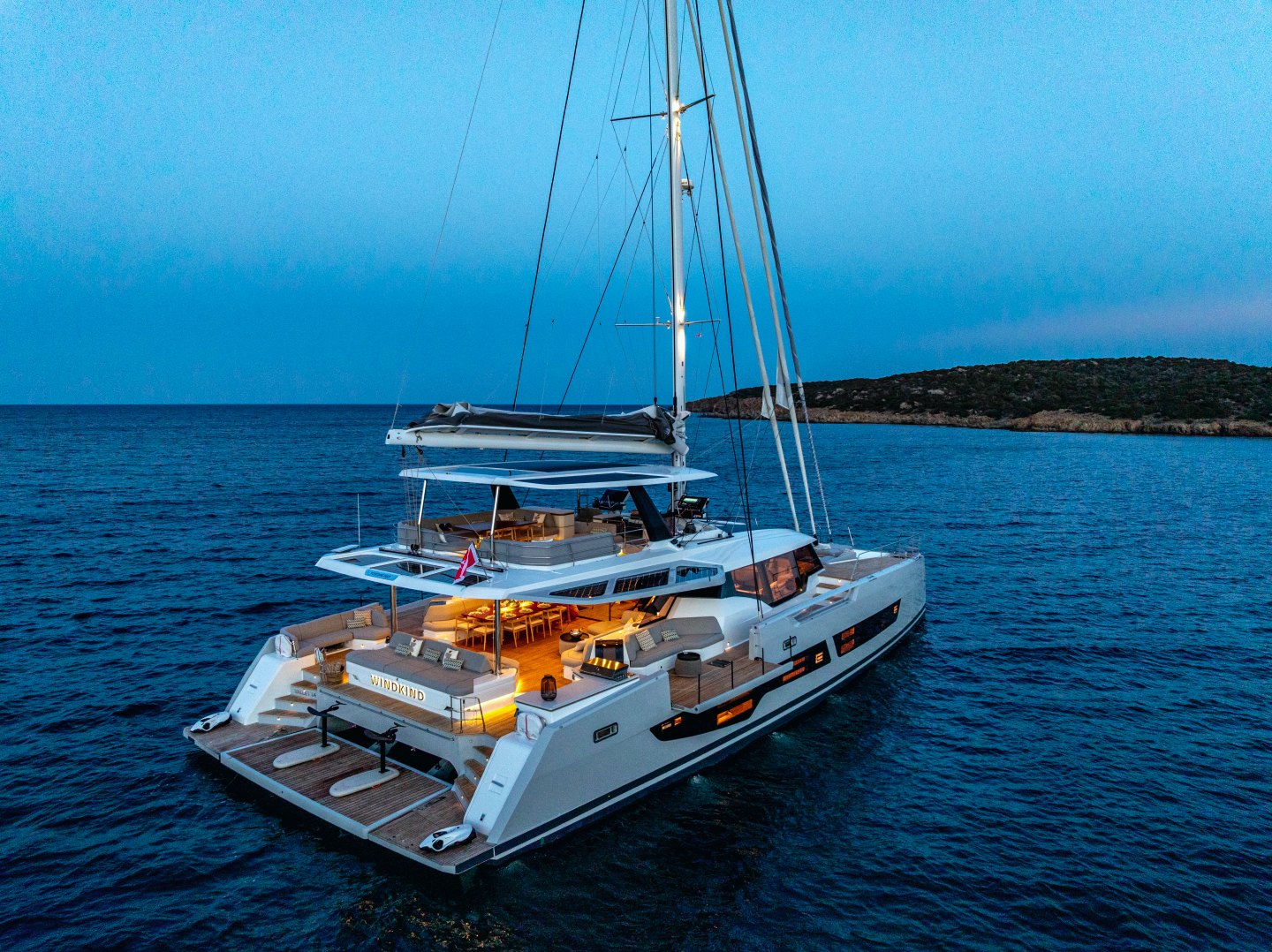 WINDKIND at anchor at dusk