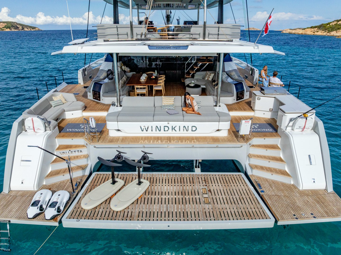 WINDKIND’s lowered teak swim platform with two Seabobs and two Flite eFoils