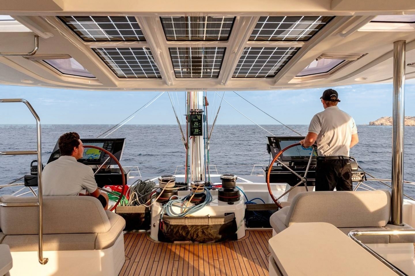 WINDKIND crew at the helm stations under the solar-panelled flybridge roof