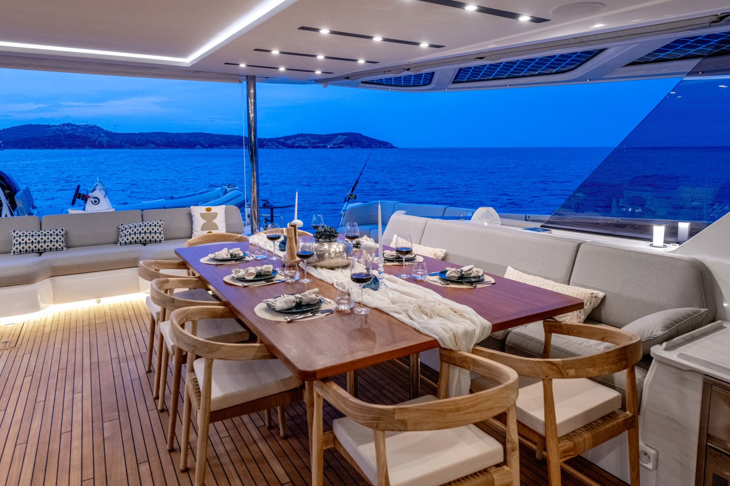 Dinner table in the aft cockpit at dusk