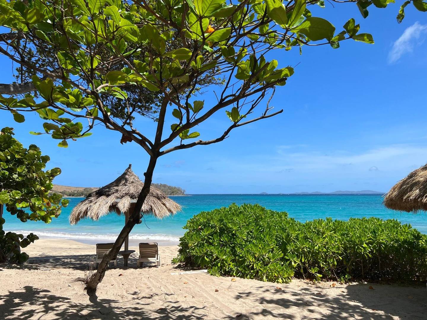 Palm-thatched parasol and turquoise water on a Grenadines beach