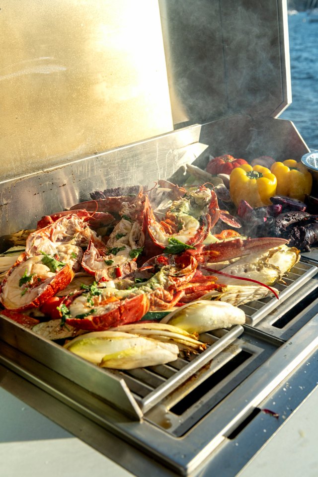 Lobster and vegetables on the grill